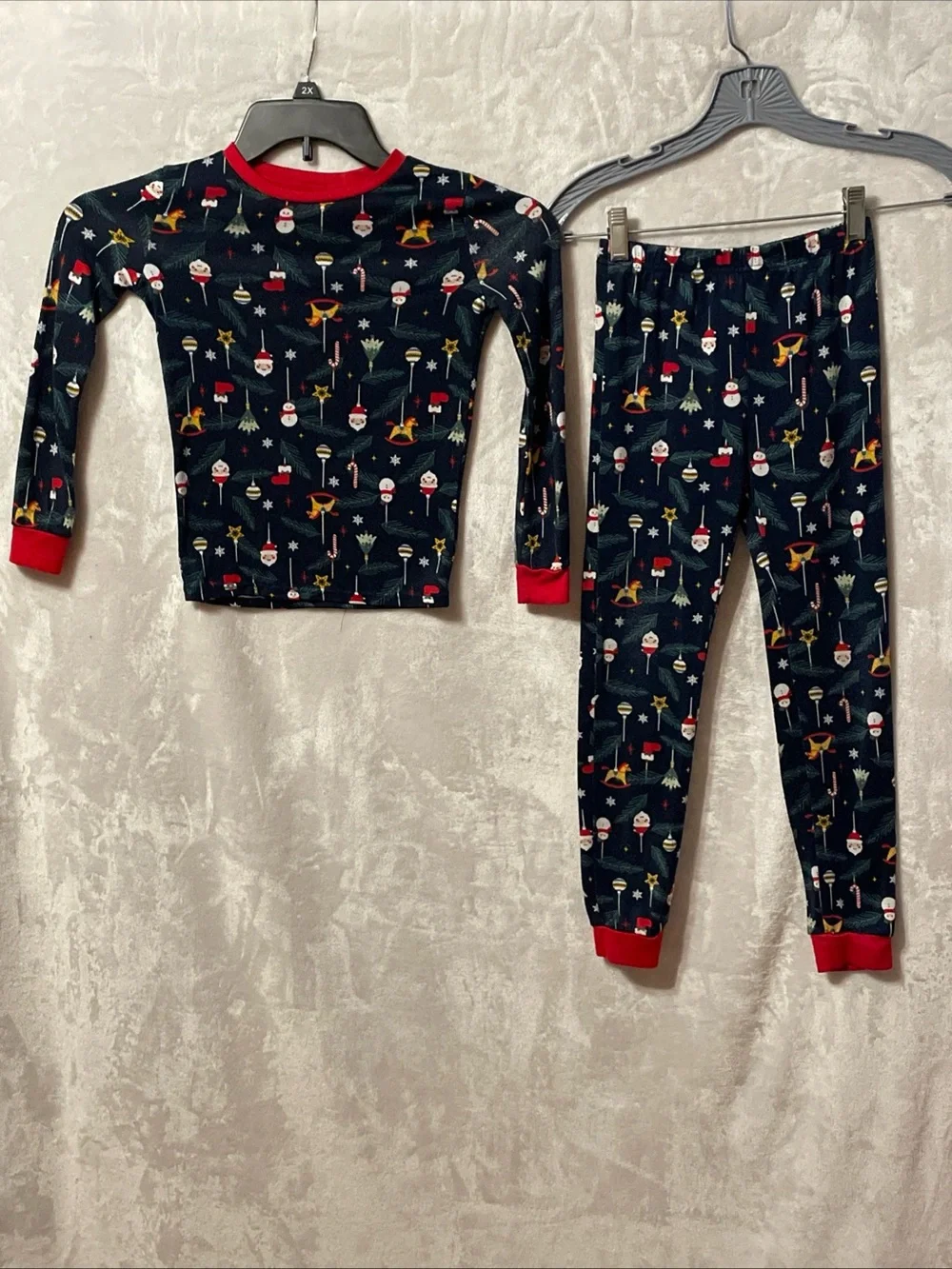 Kids Navy Holiday Pajama Set with Red Trim